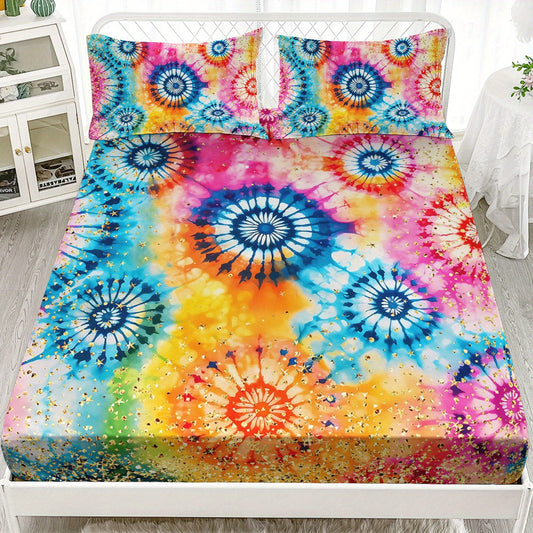 3pcs Tie Dye Fitted Sheets Bohemian Bedding Set Colorful Bed Set Glitter Stars Bedroom Decor Four Seasons (1Fitted Sheets + 2Pillowcases NO Flat Sheet) Good Vibrations