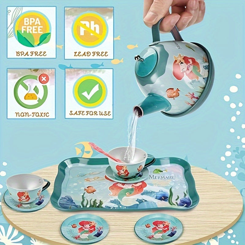 Playful, Enchanting Mermaid Tea Party Set for Girls - 19pcs Tin Tea & Carrying Case, Perfect Princess Kitchen Play Toys for Ages 3-6, Ideal Birthday Gift Good Vibrations