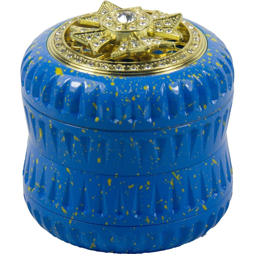 4-Layer Aluminum Herb Grinder with Built-in Fidget Spinner Top, Unique Star-Shaped Spinner Design with Embedded Rhinestones, Textured Body with Colorful Speckled Pattern for Enhanced Grip, Durable Construction and Smooth Grin Good Vibrations Adult Super Store