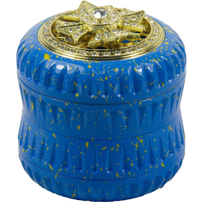 4-Layer Aluminum Herb Grinder with Built-in Fidget Spinner Top, Unique Star-Shaped Spinner Design with Embedded Rhinestones, Textured Body with Colorful Speckled Pattern for Enhanced Grip, Durable Construction and Smooth Grin Good Vibrations Adult Super Store