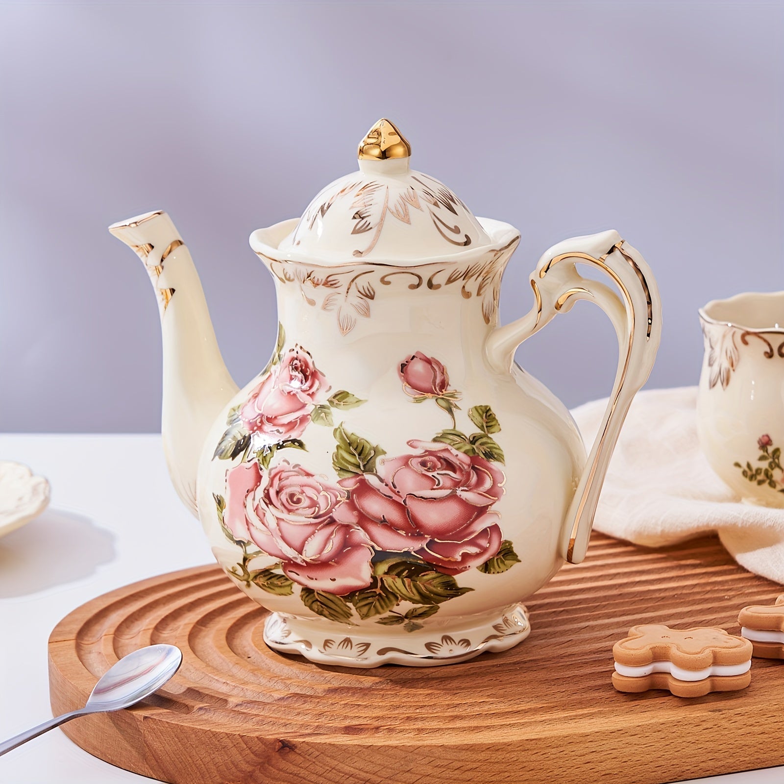 1pc Exquisite Floral Ceramic Coffee Pot - Retro Palace Style Blooming Tea Infuser, European-Inspired Afternoon Tea Set, Round Shaped, Flowers Patterned, Perfect for Home, Office, Hotel, Christmas, Thanksgiving, Valentines Day Good Vibrations