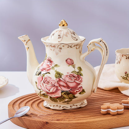 1pc Exquisite Floral Ceramic Coffee Pot - Retro Palace Style Blooming Tea Infuser, European-Inspired Afternoon Tea Set, Round Shaped, Flowers Patterned, Perfect for Home, Office, Hotel, Christmas, Thanksgiving, Valentines Day Good Vibrations