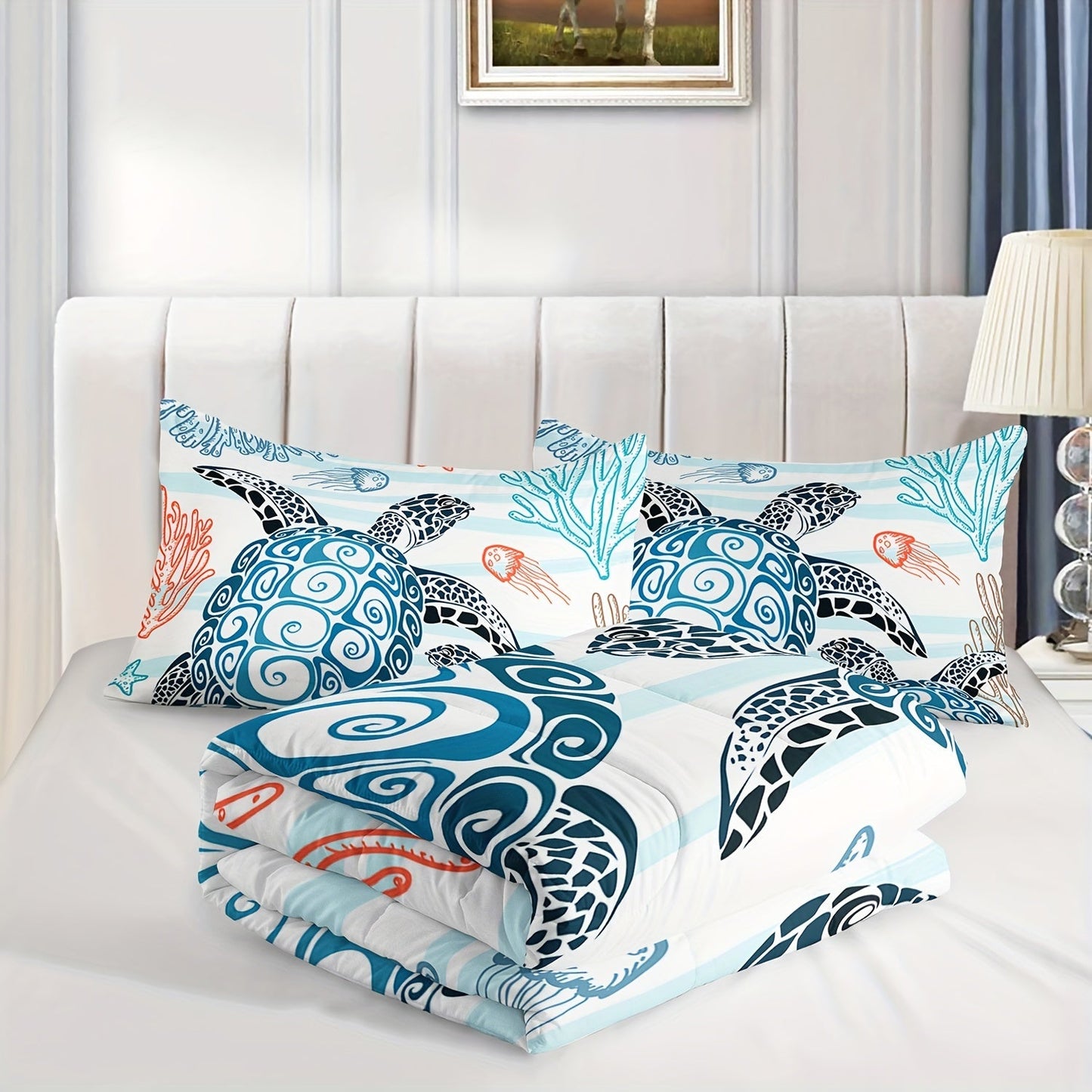3pcs Modern Fashion Polyester Comforter Set (1*Comforter + 2*Pillowcase, Without Core), Cute Turtle, Starfish, And Jellyfish Print Bedding Set, Soft Comfortable And Skin-friendly Comforter For Bedroom, Guest Room Good Vibrations