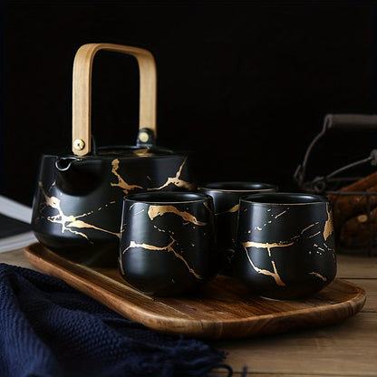 Elegant Marble Ceramic Tea Set with Acacia Wood Handles - Includes Pot, 4 Cups & Serving Tray for Afternoon Tea Good Vibrations