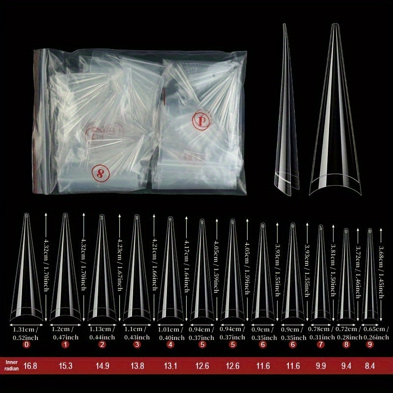 504 Pcs XXL Long Sharp Pointed Stiletto False Nails Set - Full Cover Nail Tips with Clear Plain C Curve Design for Customized Salon Nail Art - DIY Acrylic Nail Kit for Professional Results Good Vibrations