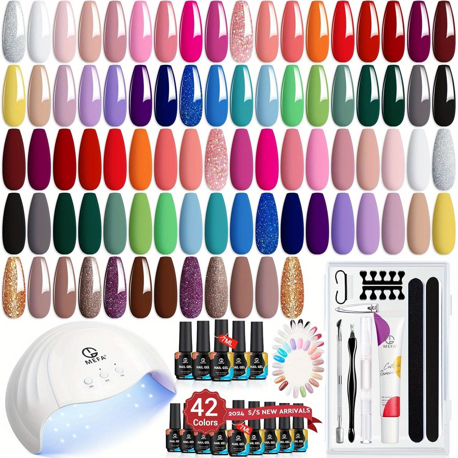 MEFA 60 Pcs Gel Nail Polish Kit with U V Light, 42 Colors All Seasons Collection Nude Colorful Gel Polish Essential Set with 5 Psc Matte/Glossy Base Top Coat, Cuticle Remover, DIY Salon for Women Good Vibrations
