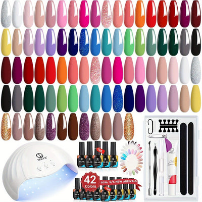 MEFA 60 Pcs Gel Nail Polish Kit with U V Light, 42 Colors All Seasons Collection Nude Colorful Gel Polish Essential Set with 5 Psc Matte/Glossy Base Top Coat, Cuticle Remover, DIY Salon for Women
