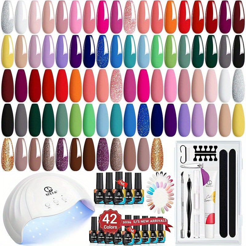 MEFA 60 Pcs Gel Nail Polish Kit with U V Light, 42 Colors All Seasons Collection Nude Colorful Gel Polish Essential Set with 5 Psc Matte/Glossy Base Top Coat, Cuticle Remover, DIY Salon for Women Good Vibrations