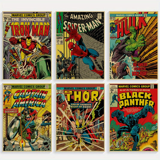 Marvel Comics Art Poster Set: 6 Pieces of Avengers Vintage Art, Perfect for Bedroom, Living Room, or Corridor, No Frame Required Good Vibrations