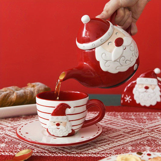 Santa Claus Ceramic Tea Set with Teapot and Cup, European Style Christmas Coffee Cup and Saucer Set, Creative Gift Relief Teapot Afternoon Tea Set, Christmas gift, Halloween gift Good Vibrations