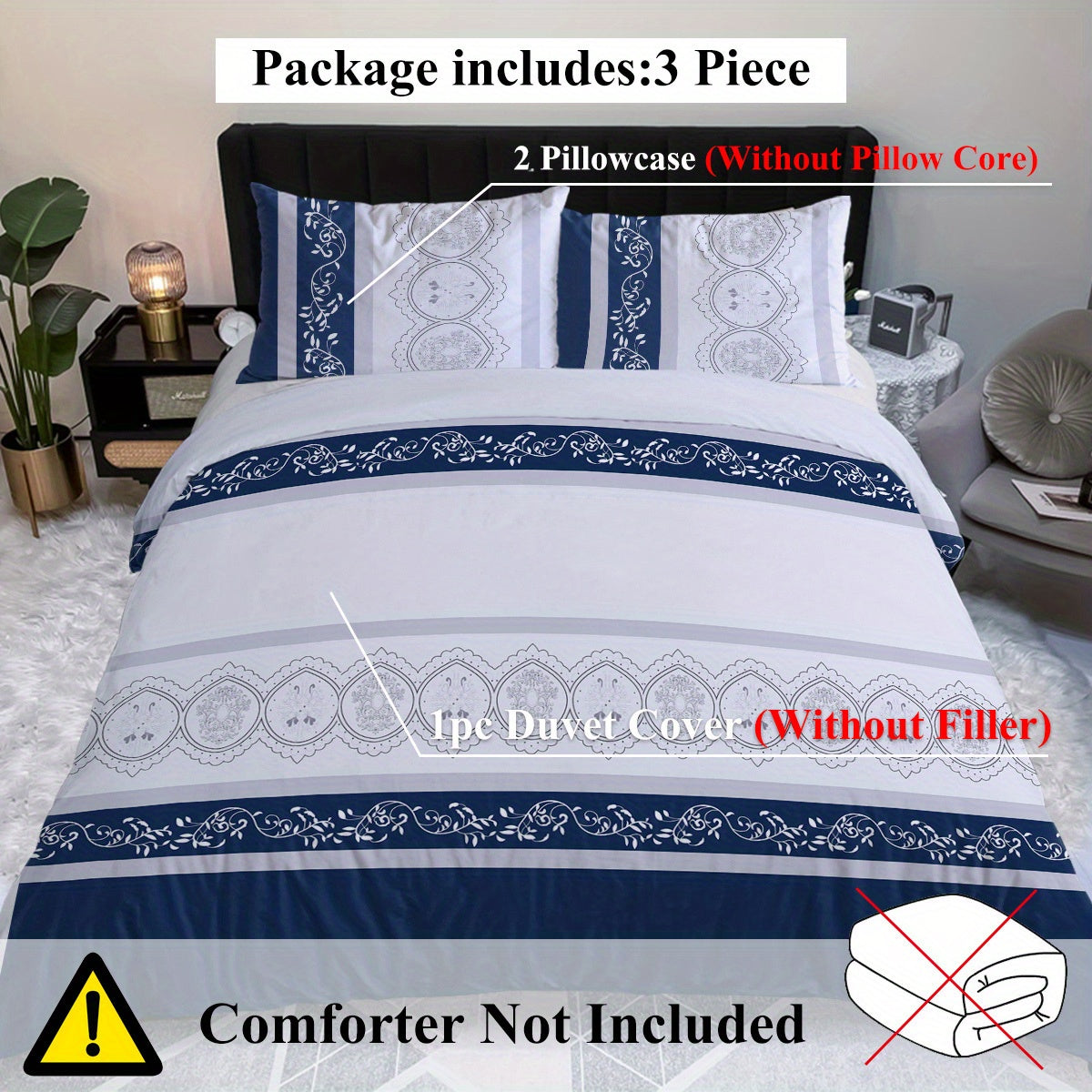 Navy Blue Duvet Cover Set Leaves Bedding Set with 2 Pillowcase 3 Piece Luxury Comforter Cover Good Vibrations
