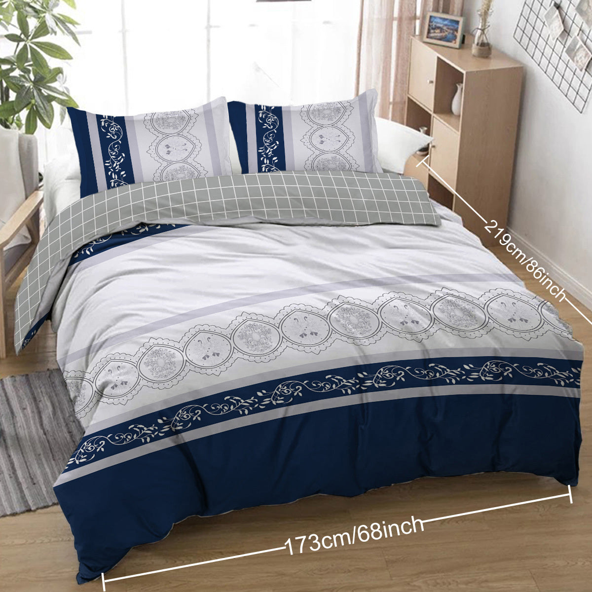 Navy Blue Duvet Cover Set Leaves Bedding Set with 2 Pillowcase 3 Piece Luxury Comforter Cover Good Vibrations
