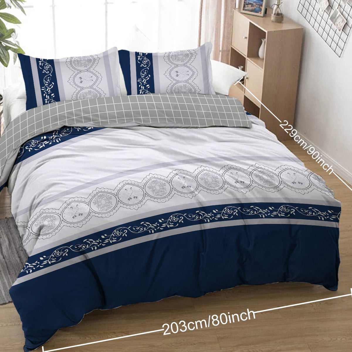 Navy Blue Duvet Cover Set Leaves Bedding Set with 2 Pillowcase 3 Piece Luxury Comforter Cover Good Vibrations