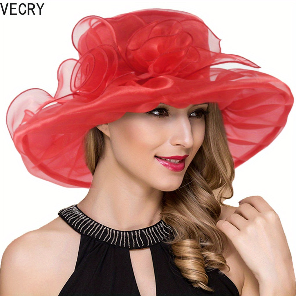 VECRY Women Kentucky Derby Church Dress Hat Bridal Tea Party Wedding Organza Hat Wide Brim Good Vibrations