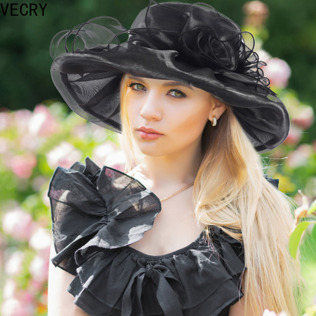 VECRY Women Kentucky Derby Church Dress Hat Bridal Tea Party Wedding Organza Hat Wide Brim Good Vibrations