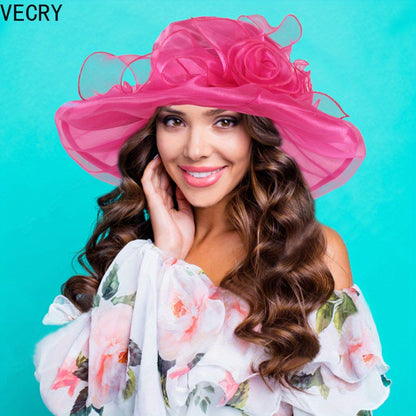 VECRY Women Kentucky Derby Church Dress Hat Bridal Tea Party Wedding Organza Hat Wide Brim Good Vibrations