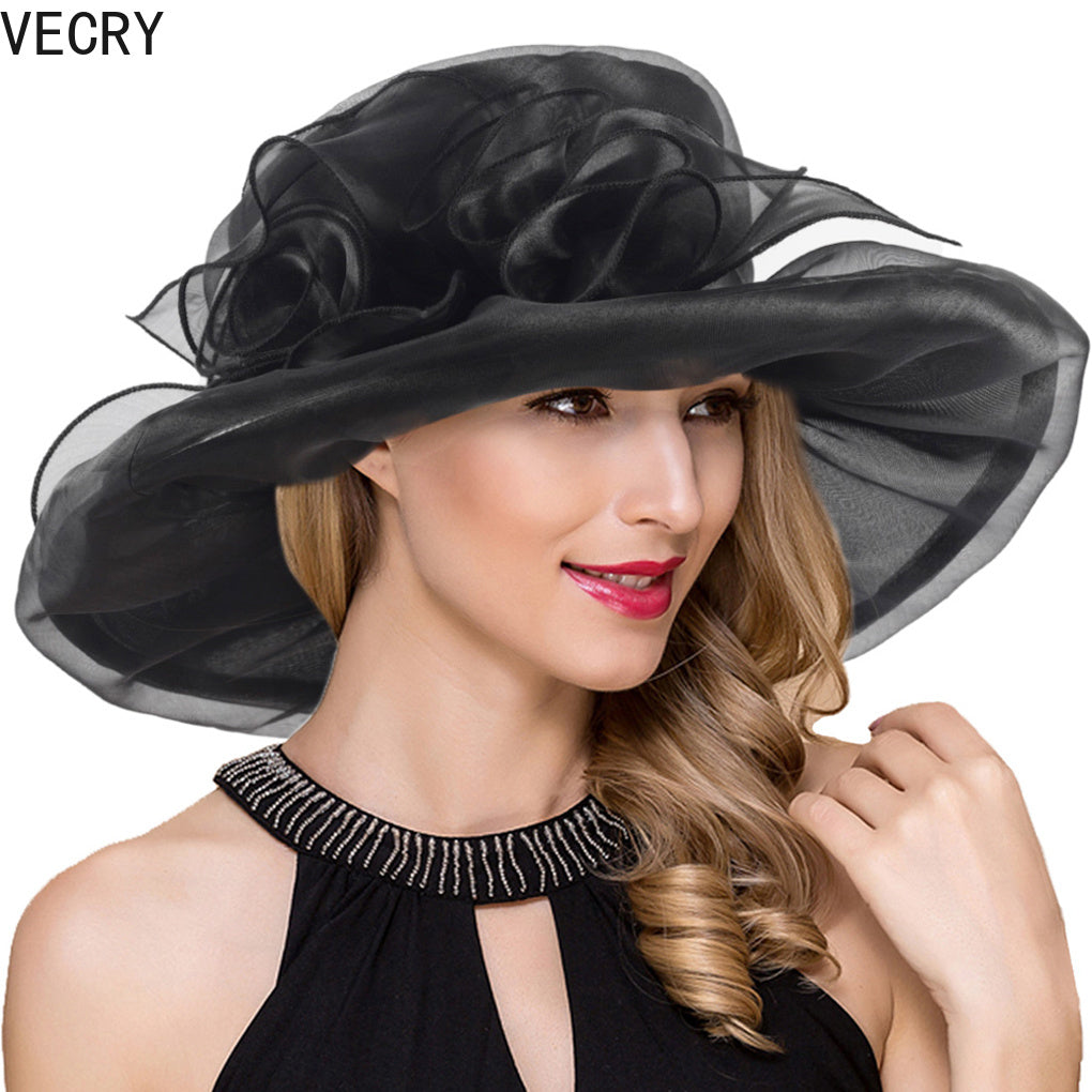 VECRY Women Kentucky Derby Church Dress Hat Bridal Tea Party Wedding Organza Hat Wide Brim Good Vibrations