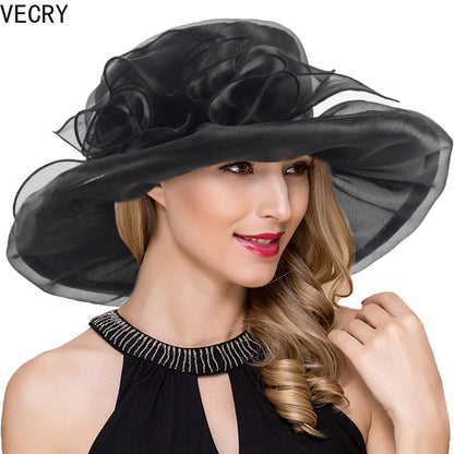 VECRY Women Kentucky Derby Church Dress Hat Bridal Tea Party Wedding Organza Hat Wide Brim Good Vibrations