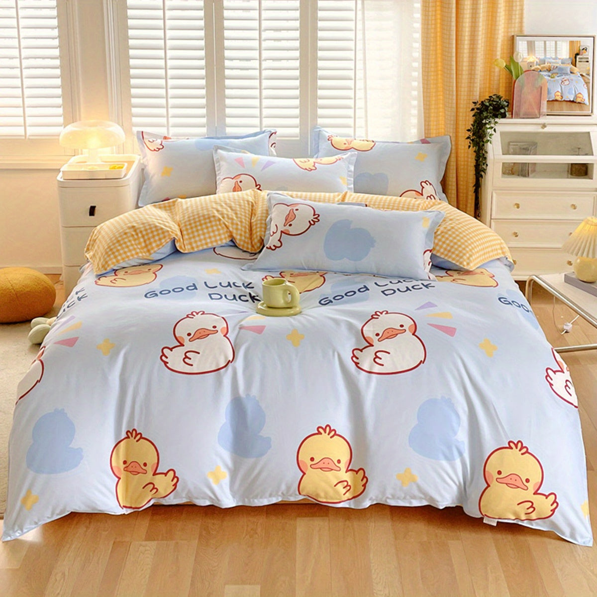 Good Luck Duck Duvet Cover Cute Farmhouse Livestock White Yellow Duck Bedding Sets 3 Piece Cartoon Comforter Cover Good Vibrations