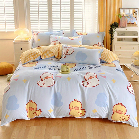 Good Luck Duck Duvet Cover Cute Farmhouse Livestock White Yellow Duck Bedding Sets 3 Piece Cartoon Comforter Cover Good Vibrations