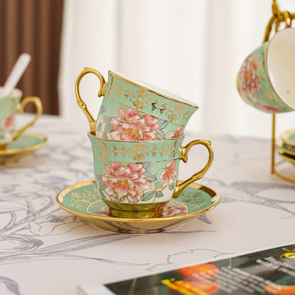 20 Pcs, Ceramic Tea Set, Coffee Pot, Floral Ceramic Tea Cup with Saucer, Afternoon Tea Set Porcelain Tea Set With Metal Holder, Blooming Tea Set, Christmas Gift For Tea Lover, Home Garden Party Coffee Shop, Afternoon Tea & Sp Good Vibrations