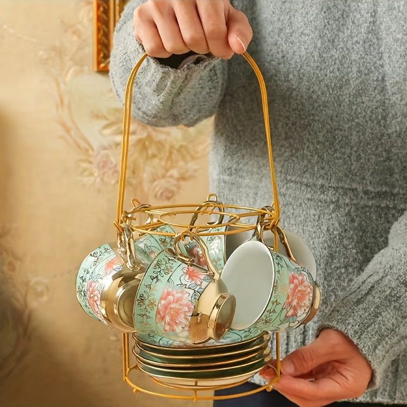 20 Pcs, Ceramic Tea Set, Coffee Pot, Floral Ceramic Tea Cup with Saucer, Afternoon Tea Set Porcelain Tea Set With Metal Holder, Blooming Tea Set, Christmas Gift For Tea Lover, Home Garden Party Coffee Shop, Afternoon Tea & Sp Good Vibrations