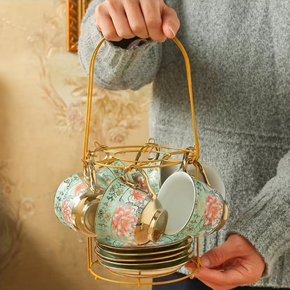 20 Pcs, Ceramic Tea Set, Coffee Pot, Floral Ceramic Tea Cup with Saucer, Afternoon Tea Set Porcelain Tea Set With Metal Holder, Blooming Tea Set, Christmas Gift For Tea Lover, Home Garden Party Coffee Shop, Afternoon Tea & Sp Good Vibrations