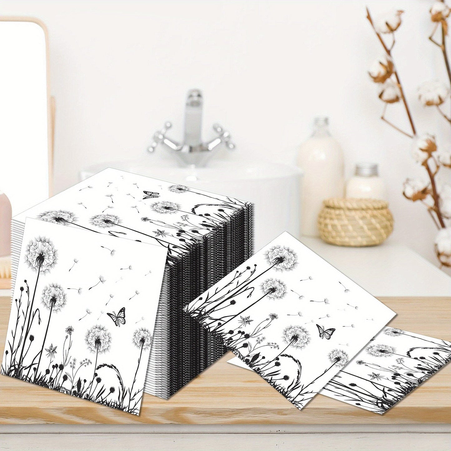 [Floral Napkins] 100 Pack Disposable White Black Floral Luncheon Napkins | Dandelion Paper Napkins for Wedding Shower Birthday Tea Party Supplies Good Vibrations