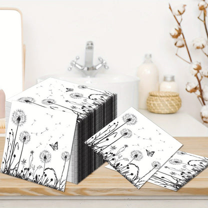 [Floral Napkins] 100 Pack Disposable White Black Floral Luncheon Napkins | Dandelion Paper Napkins for Wedding Shower Birthday Tea Party Supplies Good Vibrations
