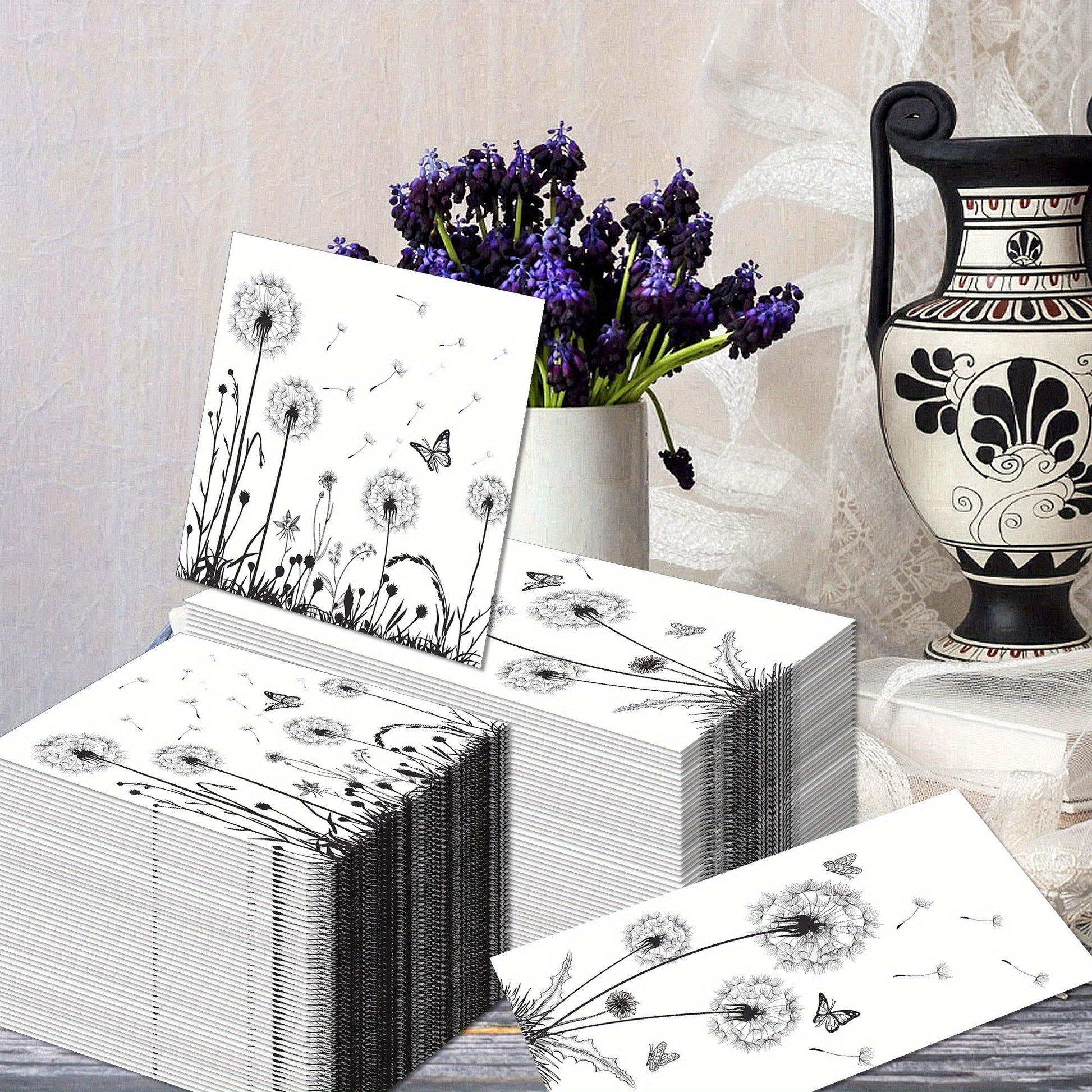 [Floral Napkins] 100 Pack Disposable White Black Floral Luncheon Napkins | Dandelion Paper Napkins for Wedding Shower Birthday Tea Party Supplies Good Vibrations