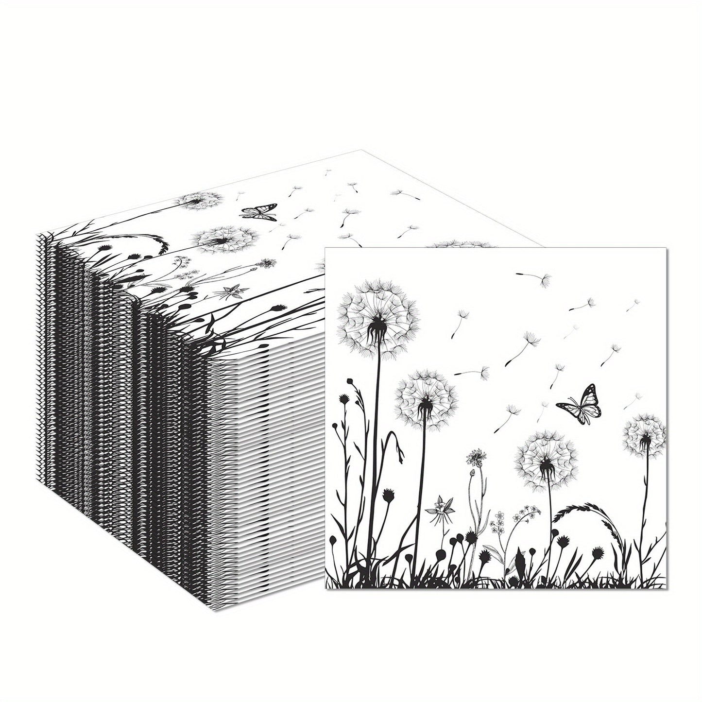 [Floral Napkins] 100 Pack Disposable White Black Floral Luncheon Napkins | Dandelion Paper Napkins for Wedding Shower Birthday Tea Party Supplies Good Vibrations