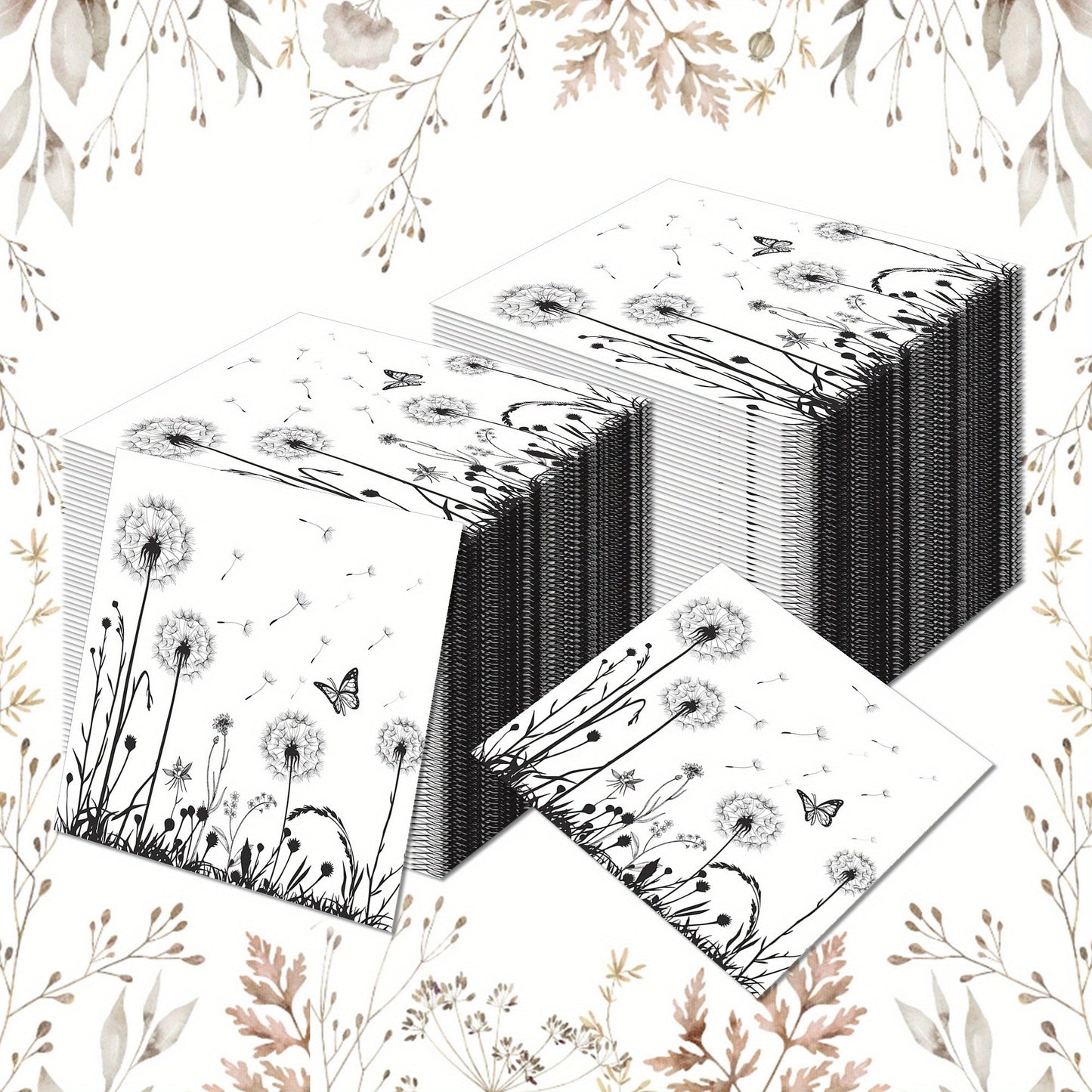 [Floral Napkins] 100 Pack Disposable White Black Floral Luncheon Napkins | Dandelion Paper Napkins for Wedding Shower Birthday Tea Party Supplies Good Vibrations