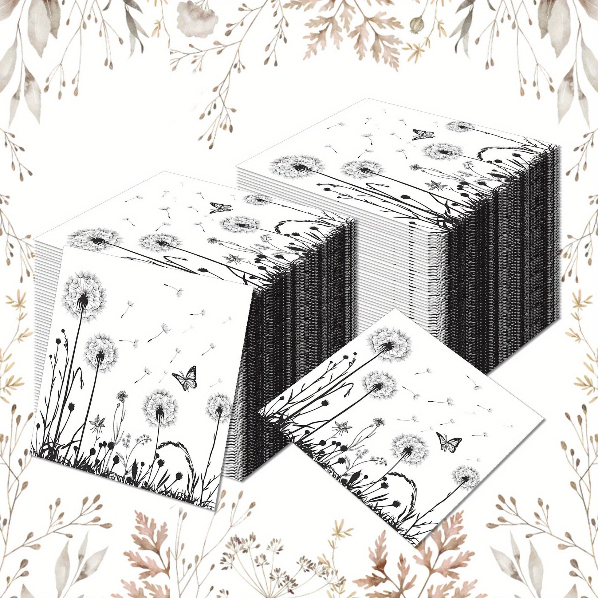 [Floral Napkins] 100 Pack Disposable White Black Floral Luncheon Napkins | Dandelion Paper Napkins for Wedding Shower Birthday Tea Party Supplies Good Vibrations