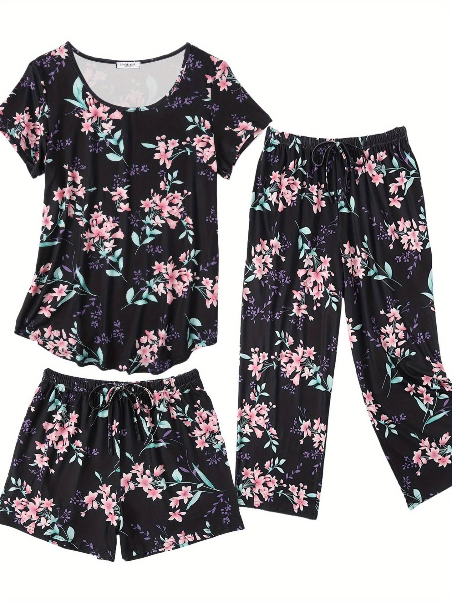 Fashion 3 PCS Capri Pajamas For Women Set Nightwear Housing Suit Super-Soft Housewear Casual Nightsuit Sleeping Suit Short Sleeve Pajama Sets Sleepsuit Floral Pj Sets Soft Sleepwear With Pockets Plus Size S-XXL Good Vibrations