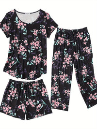 Fashion 3 PCS Capri Pajamas For Women Set Nightwear Housing Suit Super-Soft Housewear Casual Nightsuit Sleeping Suit Short Sleeve Pajama Sets Sleepsuit Floral Pj Sets Soft Sleepwear With Pockets Plus Size S-XXL Good Vibrations