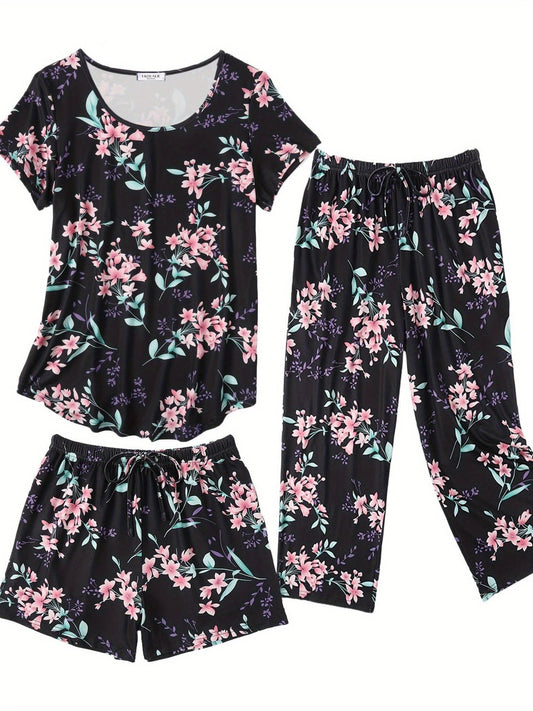 Fashion 3 PCS Capri Pajamas For Women Set Nightwear Housing Suit Super-Soft Housewear Casual Nightsuit Sleeping Suit Short Sleeve Pajama Sets Sleepsuit Floral Pj Sets Soft Sleepwear With Pockets Plus Size S-XXL Good Vibrations