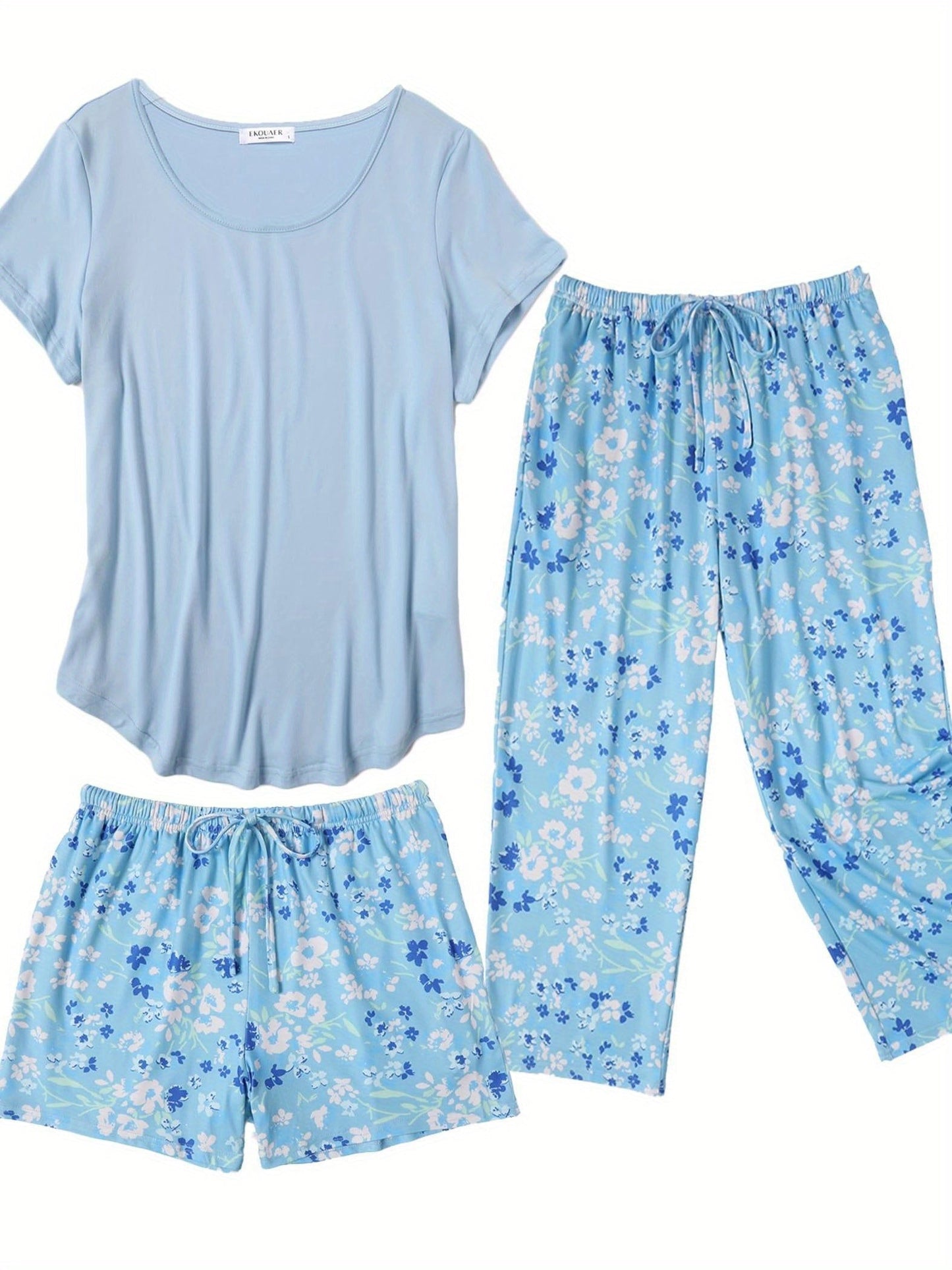 Fashion 3 PCS Capri Pajamas For Women Set Nightwear Housing Suit Super-Soft Housewear Casual Nightsuit Sleeping Suit Short Sleeve Pajama Sets Sleepsuit Floral Pj Sets Soft Sleepwear With Pockets Plus Size S-XXL Good Vibrations