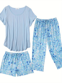 Fashion 3 PCS Capri Pajamas For Women Set Nightwear Housing Suit Super-Soft Housewear Casual Nightsuit Sleeping Suit Short Sleeve Pajama Sets Sleepsuit Floral Pj Sets Soft Sleepwear With Pockets Plus Size S-XXL Good Vibrations