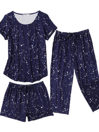 Fashion 3 PCS Capri Pajamas For Women Set Nightwear Housing Suit Super-Soft Housewear Casual Nightsuit Sleeping Suit Short Sleeve Pajama Sets Sleepsuit Floral Pj Sets Soft Sleepwear With Pockets Plus Size S-XXL Good Vibrations