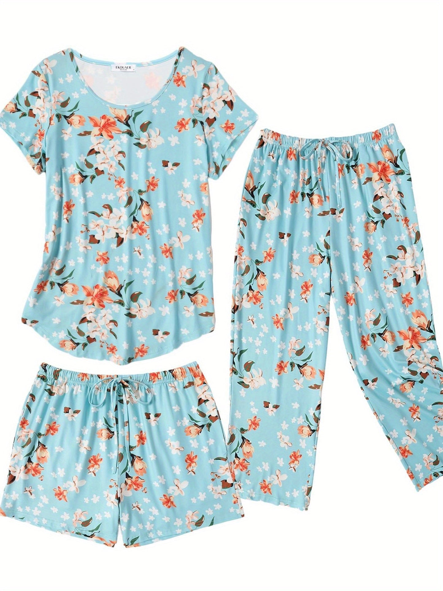 Fashion 3 PCS Capri Pajamas For Women Set Nightwear Housing Suit Super-Soft Housewear Casual Nightsuit Sleeping Suit Short Sleeve Pajama Sets Sleepsuit Floral Pj Sets Soft Sleepwear With Pockets Plus Size S-XXL Good Vibrations