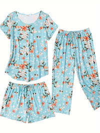 Fashion 3 PCS Capri Pajamas For Women Set Nightwear Housing Suit Super-Soft Housewear Casual Nightsuit Sleeping Suit Short Sleeve Pajama Sets Sleepsuit Floral Pj Sets Soft Sleepwear With Pockets Plus Size S-XXL Good Vibrations