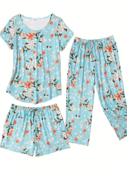 Fashion 3 PCS Capri Pajamas For Women Set Nightwear Housing Suit Super-Soft Housewear Casual Nightsuit Sleeping Suit Short Sleeve Pajama Sets Sleepsuit Floral Pj Sets Soft Sleepwear With Pockets Plus Size S-XXL Good Vibrations