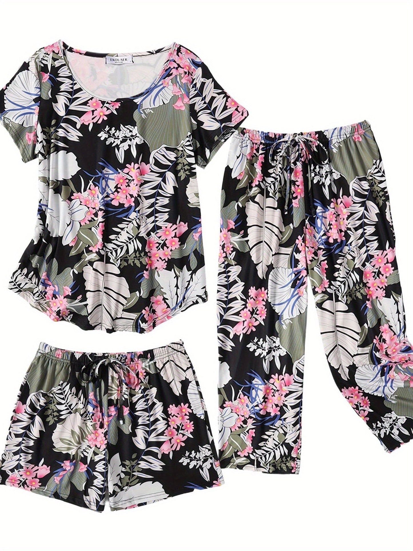 Fashion 3 PCS Capri Pajamas For Women Set Nightwear Housing Suit Super-Soft Housewear Casual Nightsuit Sleeping Suit Short Sleeve Pajama Sets Sleepsuit Floral Pj Sets Soft Sleepwear With Pockets Plus Size S-XXL Good Vibrations