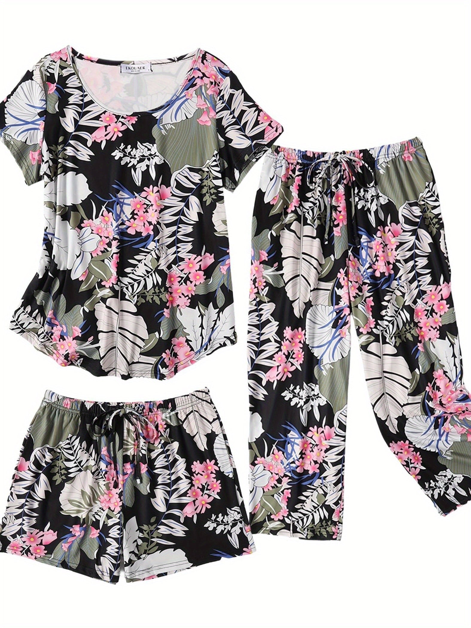 Fashion 3 PCS Capri Pajamas For Women Set Nightwear Housing Suit Super-Soft Housewear Casual Nightsuit Sleeping Suit Short Sleeve Pajama Sets Sleepsuit Floral Pj Sets Soft Sleepwear With Pockets Plus Size S-XXL Good Vibrations