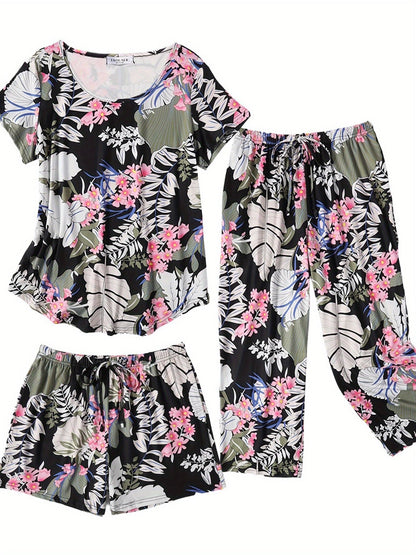 Fashion 3 PCS Capri Pajamas For Women Set Nightwear Housing Suit Super-Soft Housewear Casual Nightsuit Sleeping Suit Short Sleeve Pajama Sets Sleepsuit Floral Pj Sets Soft Sleepwear With Pockets Plus Size S-XXL Good Vibrations
