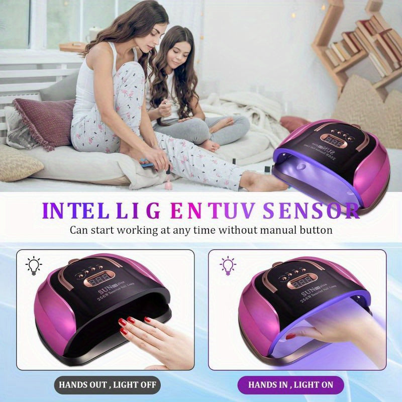 256W High-Power UV LED Nail Lamp with 4 Timer Settings, Automatic Sensor & Smart Display - Fast Gel Polish Curing, Purple & Black Design, Ergonomic Handle for Professional Manicures Good Vibrations
