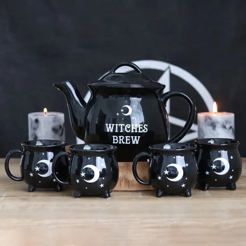 1set Witchy Ceramic Halloween Cauldron Tea Set -  Tea Pot with Cups, Occult Themed Teaware for Samhain Celebration Good Vibrations