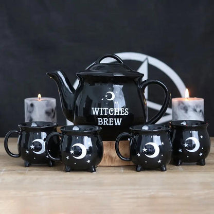 1set Witchy Ceramic Halloween Cauldron Tea Set - Brew Tea Pot with Cups, Occult Themed Teaware for Samhain Celebration, Pagan Supplies Good Vibrations