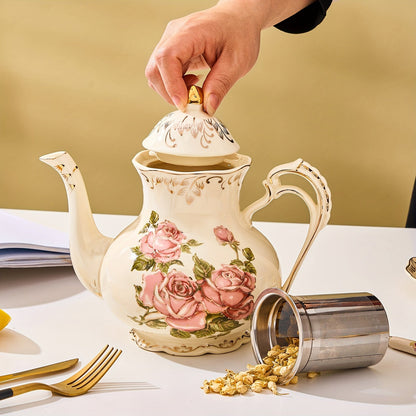 1pc Exquisite Floral Ceramic Coffee Pot - Retro Palace Style Blooming Tea Infuser, European-Inspired Afternoon Tea Set, Round Shaped, Flowers Patterned, Perfect for Home, Office, Hotel, Christmas, Thanksgiving, Valentines Day Good Vibrations