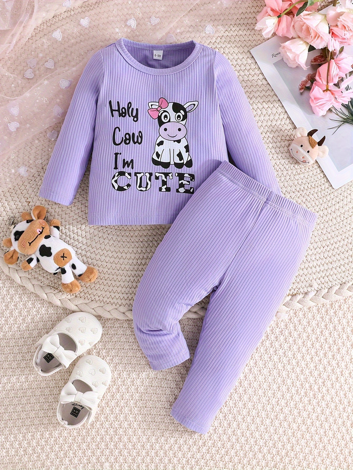 2 Sets Toddler & Infant Girl's Cartoon Cow Pattern Long Sleeve T-shirt + Casual Pants Clothing Set for Outdoor Good Vibrations